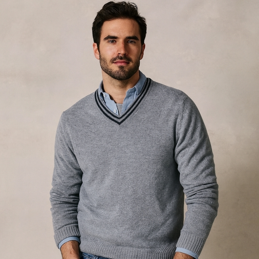 Y2K J.Crew Men’s Grey Lambswool V-Neck Sweater Navy Stripe Trim